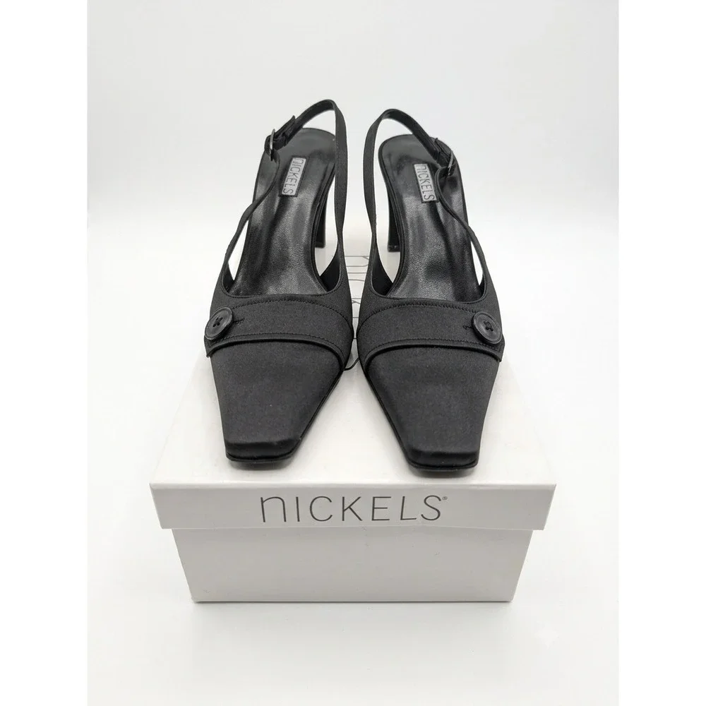 Vintage Nickels Black Satin Square Toe Slingback Heels Size 9.5 M